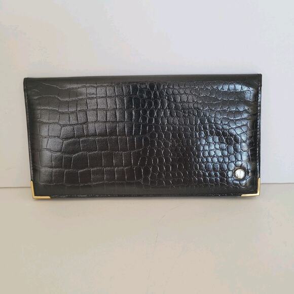 Dunhill Checkbook Card Slim Bill Holder Wallet Black Bifold Leather Croc Vintage - Picture 1 of 11
